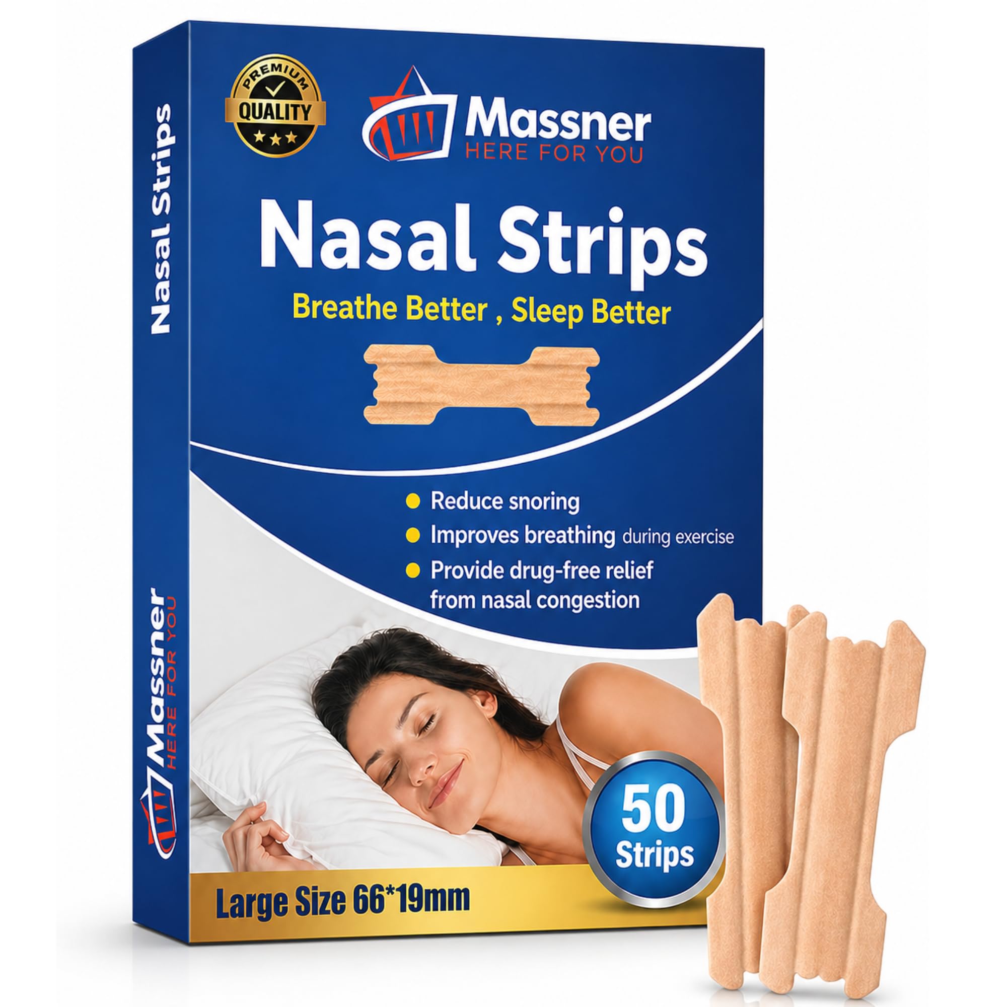 Nose Strips for Breathing by Massner, Large Breath Strips for Sleeping, Snoring Support, Stuffy Nose and Congestion Relief - Better Night Airflow, 50 Nasal Strip