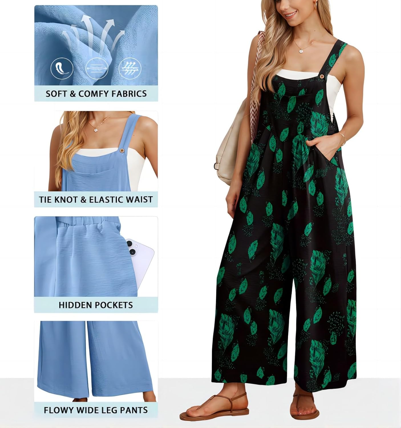 IWOLLENCE Women's Summer Jumpsuits Boho Wide Leg Overalls Casual Loose Rompers with Pockets 2025 - Image 4