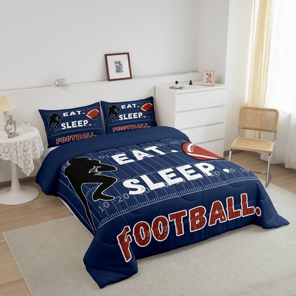 Feelyou Twin Size Sports Rugby Comforter Set for Boys Kids Teens American Football Bedding Set Sports Theme Room Blue Decor Vintage Rugby Ball Games All Seasons Quilt Duvet Set