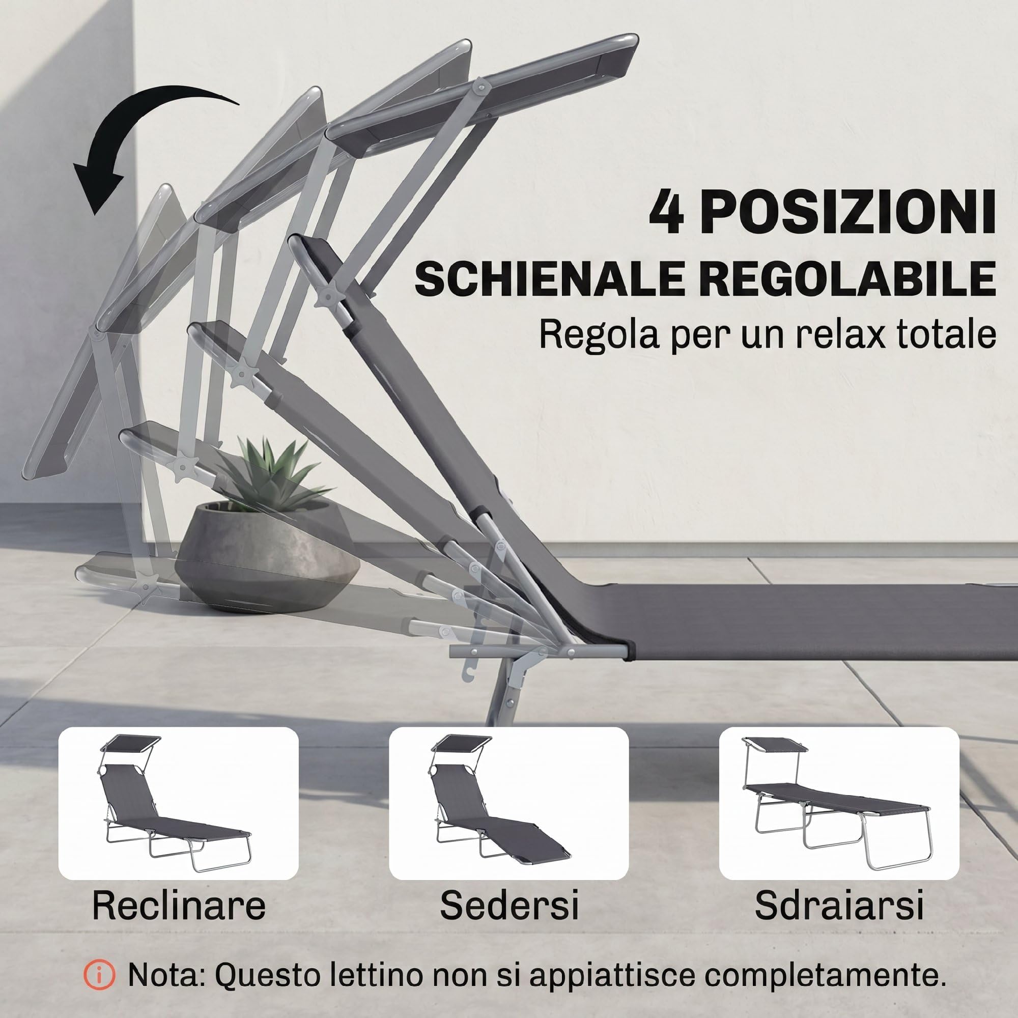 Outsunny Sdraio da Giardino Pieghevole con Tettuccio Schienale Regolabile in Tessuto Oxford e Metallo 187x58x36 cm Grigio