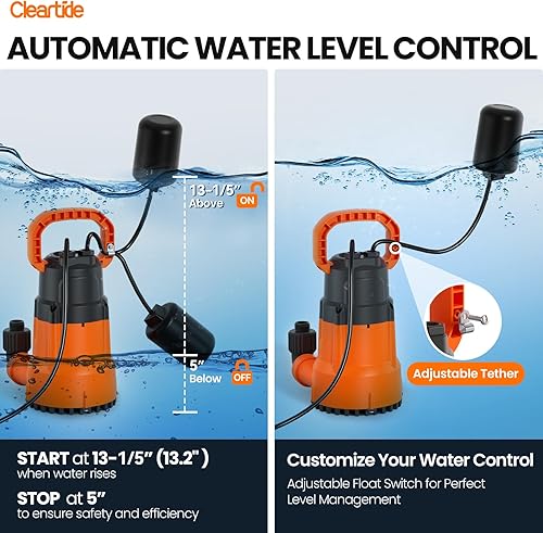 Miniatura 7 de Cleartide Bomba sumergible de sumidero con interruptor de flotador, bomba de agua de utilidad de 14 HP para drenaje de piscina, bañera de