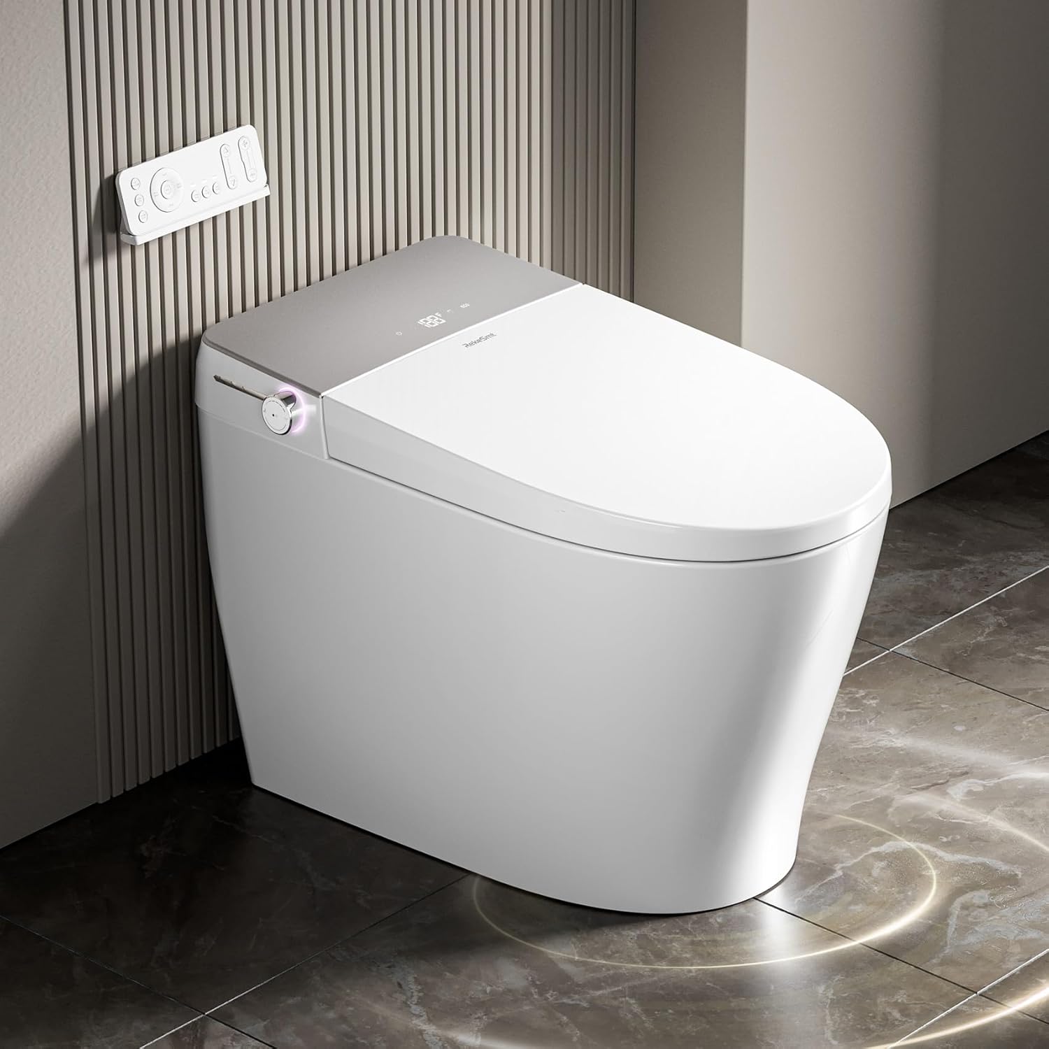 Commercial Grade Smart Toilet with Built-in Tank and Pump - 12” Rough-in, Low Water Pressure Solution, Heavy Duty Smart Bidet Toilet with Knob Control, Foot Sensor Flush, Blackout Flush