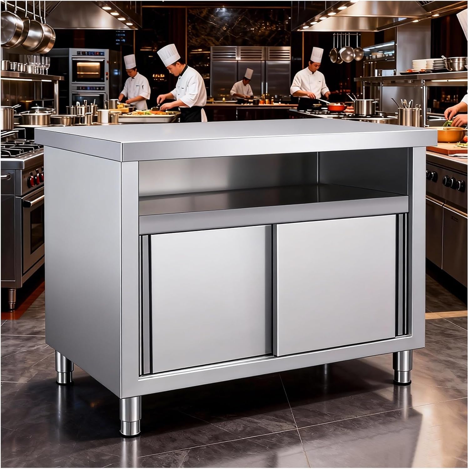 Stainless Steel Sliding Door Workbench Multi-Function Commercial Prep Table Worktable Ample Storage Space Worktable Adjustable Feet Metal Prep Table(100x60x80cm/39.4x23.6x31.5”)