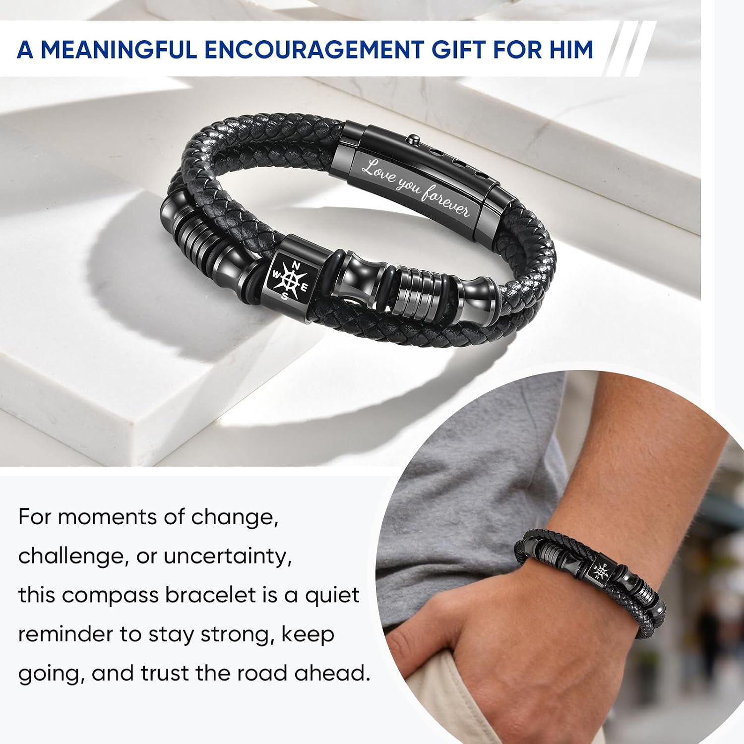 Compass Leather Bracelet for Men, Adjustable Double-Row Braided Bracelet