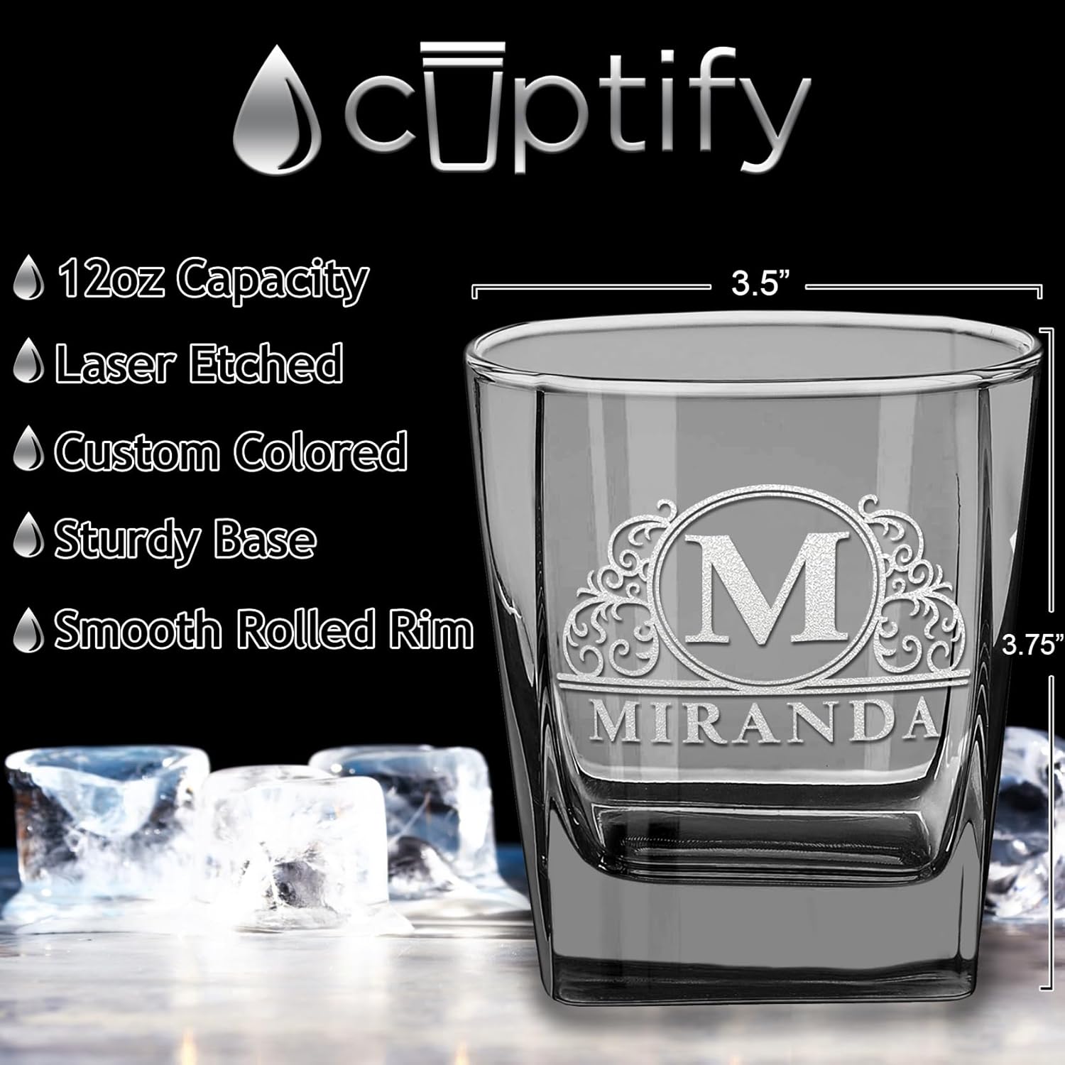Exquisite 12 oz Personalized Bourbon Glass with Black Bottom - Elaborate Circle Monogram - Custom Etched Whiskey Glasses - Double Old Fashioned Rocks Cocktail Glass - Gift for Men and Women