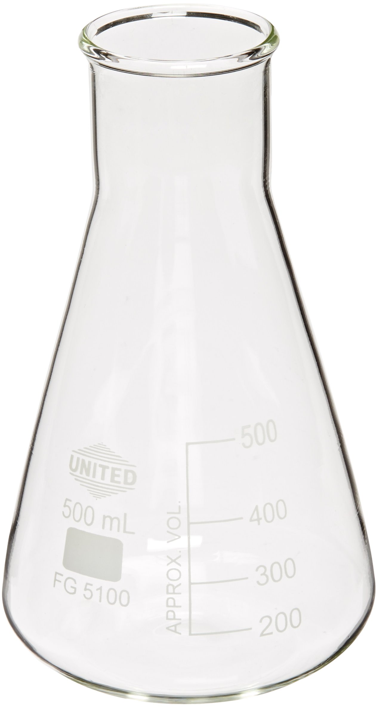 United Scientific FG5100-500 Borosilicate Glass Wide Mouth Erlenmeyer Flask, 500ml Capacity (Pack of 6)