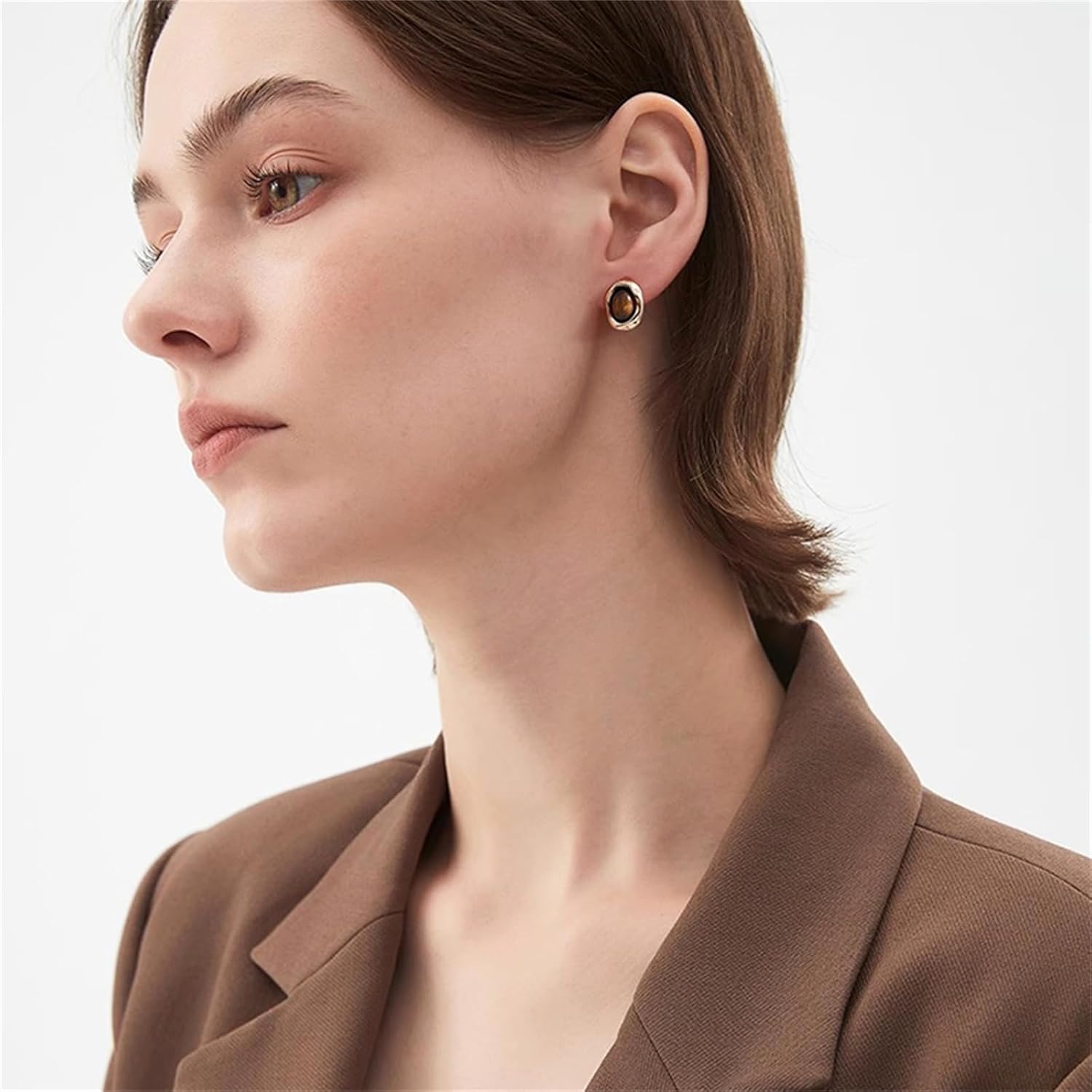 Tiger Eye Gemstone Earrings for Women Gold Statement Chunky Earrings Vintage Maillard Button Round Oval Stone Geometric Square Earrings - Image 3