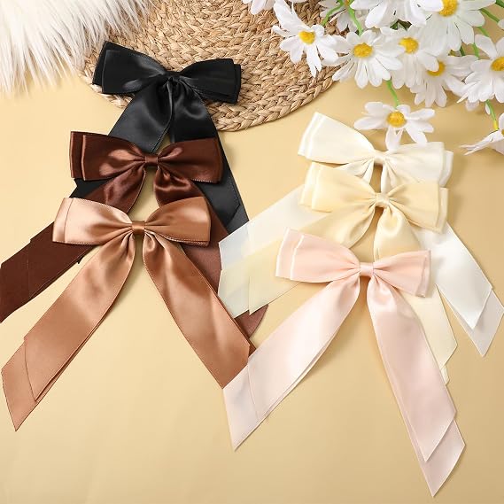 6 PCS Satin Hair Bows for Women, 6 Colors Ribbon Bows with Long Tail, Ribbon Hair Clip for Women Girls Toddler