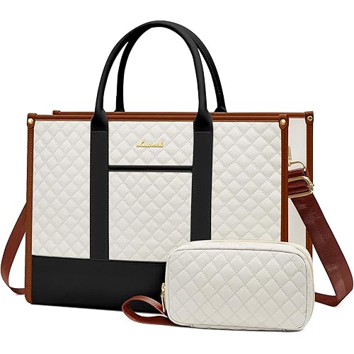 LOVEVOOK Laptop Bags for Women, 15.6 inch Waterproof Work Tote Bag with Clutch, Professional Teacher Computer Purse Lightweight Shoulder Bag Travel, Black White Brown