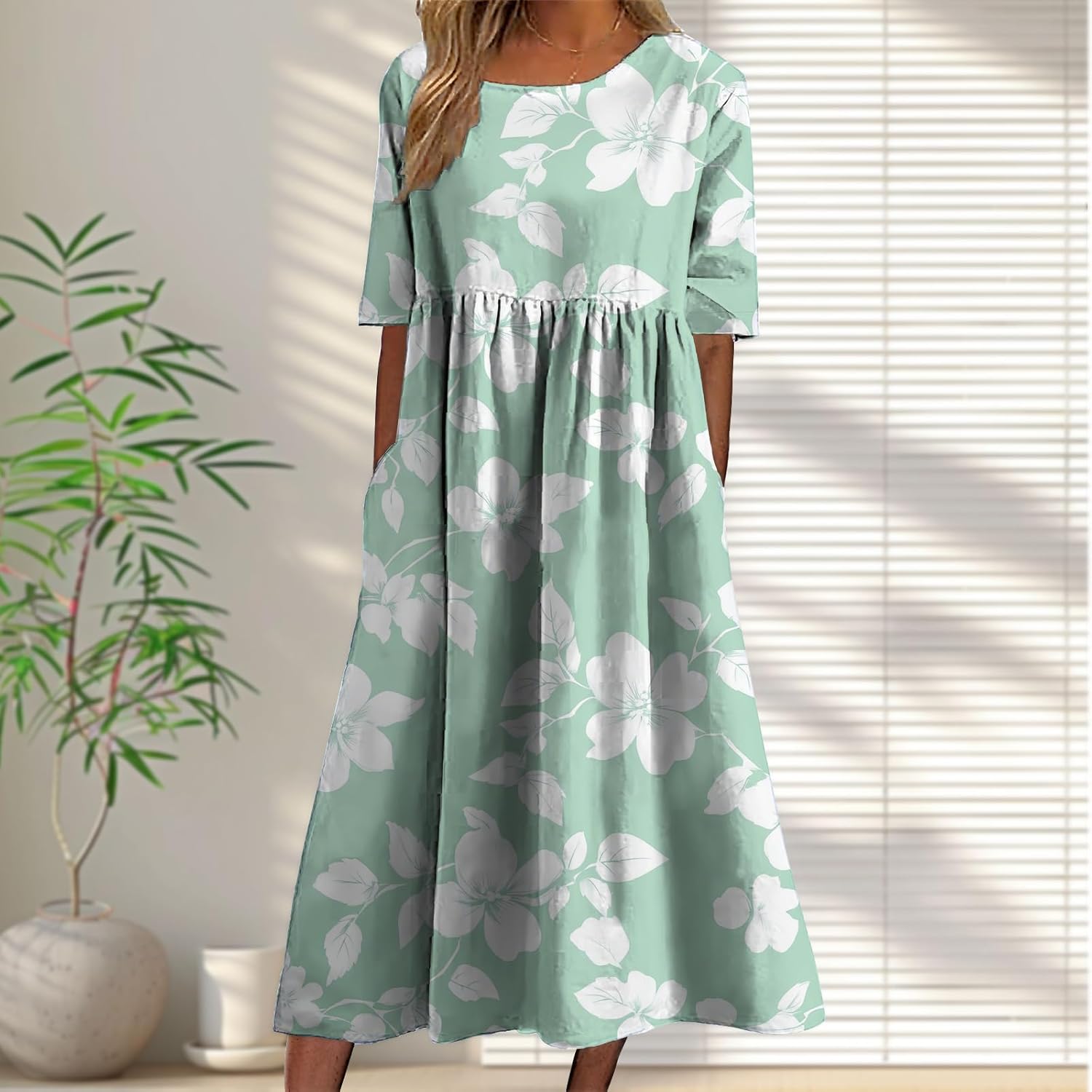 Floral Long Dress for Maternity Women Comfy Floral Printed Ankle Length Short Sleeve Summer Dresses with Pockets - Image 2