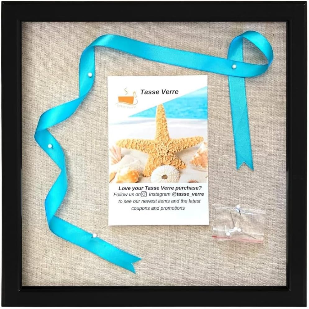 Tasse Verre 10x10 Black Display Shadow Box (1-Pack) Frame w/Linen Background and 8 Stick Pins - Ready to Hang Shadowbox Picture Frame - Box Display Baby Memorabilia Wedding