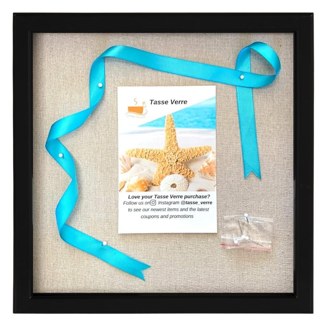 Tasse Verre 10x10 Black Display Shadow Box (1-Pack) Frame w/Linen Background and 8 Stick Pins - Ready to Hang Shadowbox Picture Frame - Box Display Baby Memorabilia Wedding