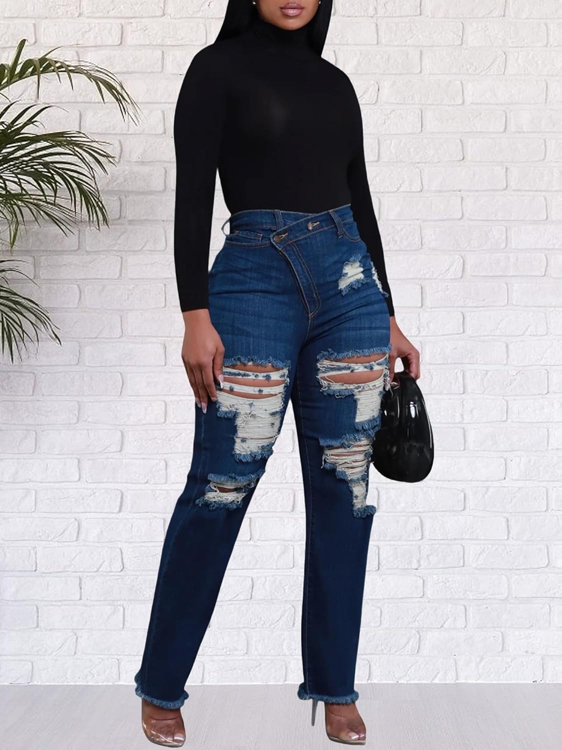 HugeNice Women's Wide Leg Jeans Casual Mid Rise Stretchy Straight Leg Denim Pants - Image 6