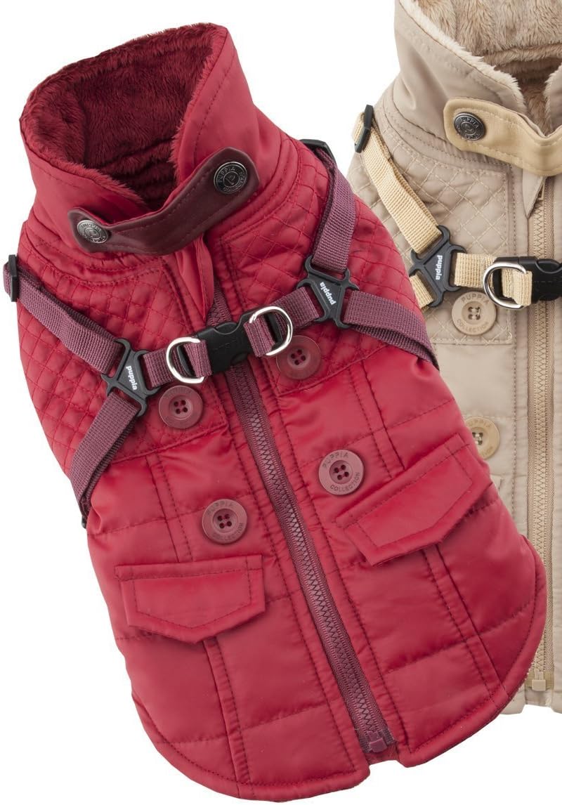 Puppia Wilkes Winter Dog Coat with Integrated Harness No Pull Cold Weather Waterproof Warm Fleece Back Zipper for Small & Medium Dog, Wine, Small