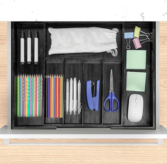 VaeFae Bamboo Drawer Organizer, Large, Black