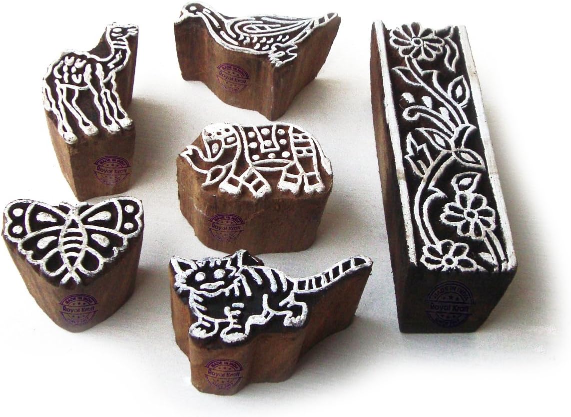 Jaipuri Cat and Duck Designs Wood Blocks for Printing (Set of 6)
