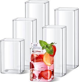 Set of 6 Square Glasses Drinking 8 oz 13 oz 17 oz Square Glass Cups Tumbler Clear Tall Cute Cocktail Glasses Thin Bar Glassware Highball Water Glasses for Iced Tea Juice Beer Coffee Mixed Drink