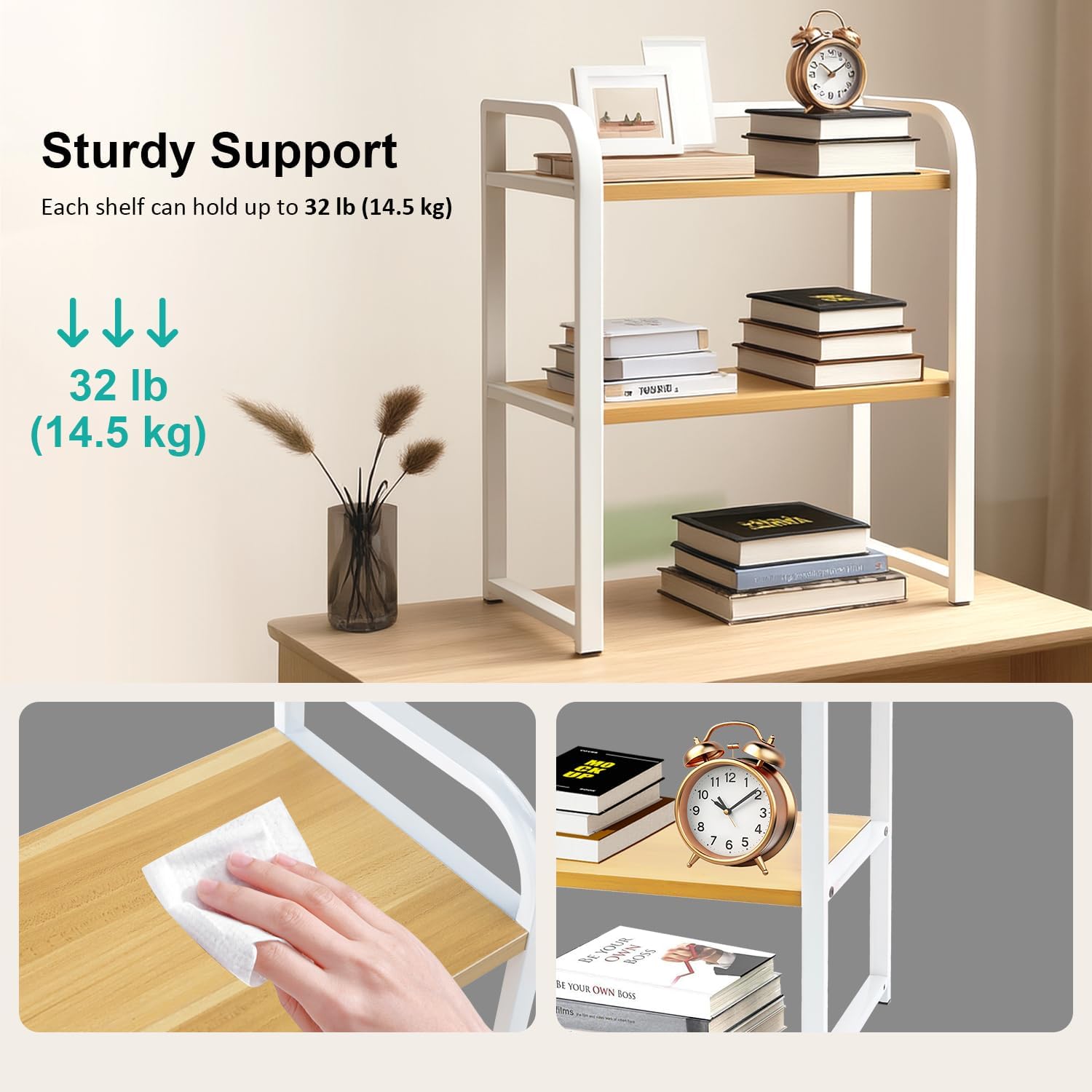 2 Tier Cabinet Organizer Shelf -Storage Rack with Hooks, Desktop Storage Rack, Bamboo Frame, for Kitchens, Dining Rooms, Offices, Rustic Brown and White