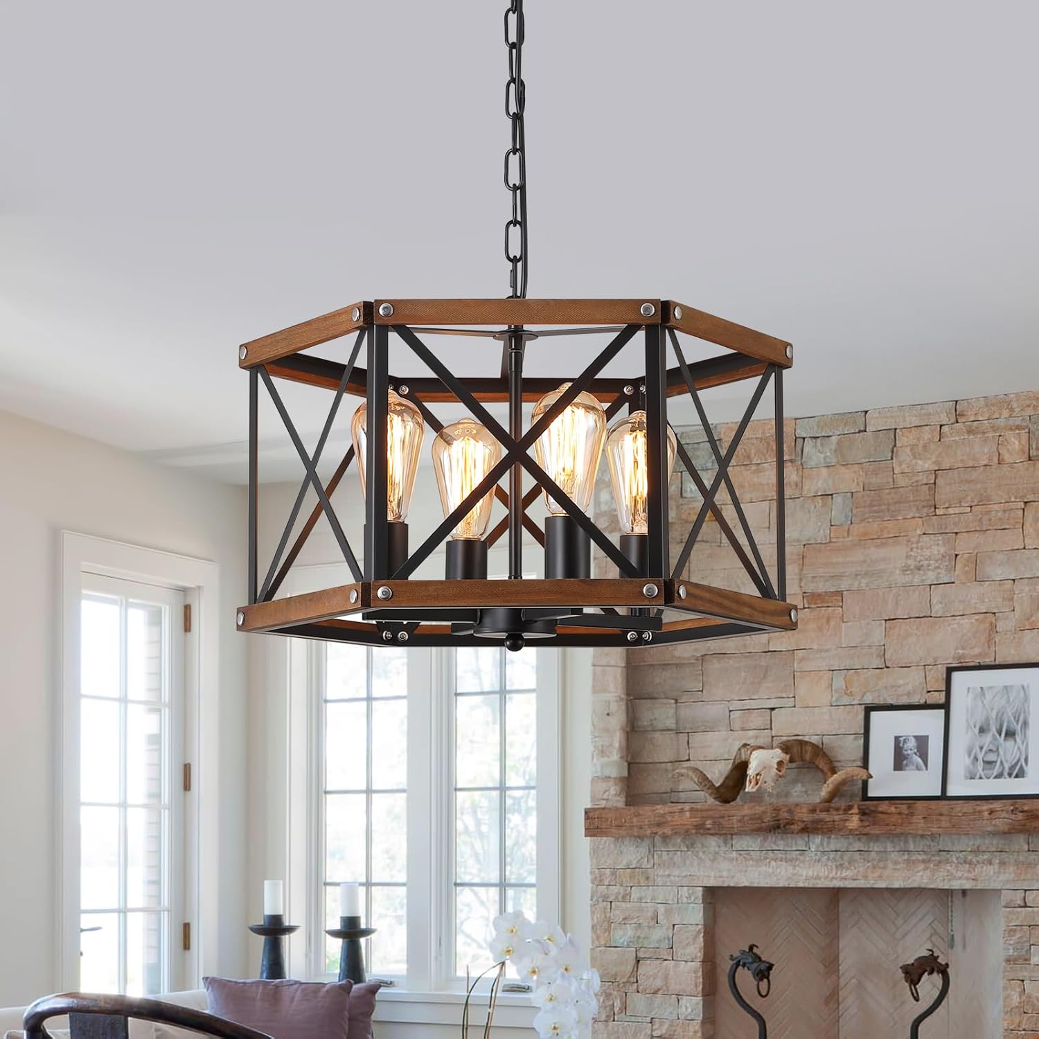 4-Light Large Rustic Farmhouse Wood Pendant Light Fixture with Adjustable Chain, 20 inch Oak Wood and Metal Cage Chandelier for Dining Room Kitchen Island Farmhouse Living Room Entry, Black