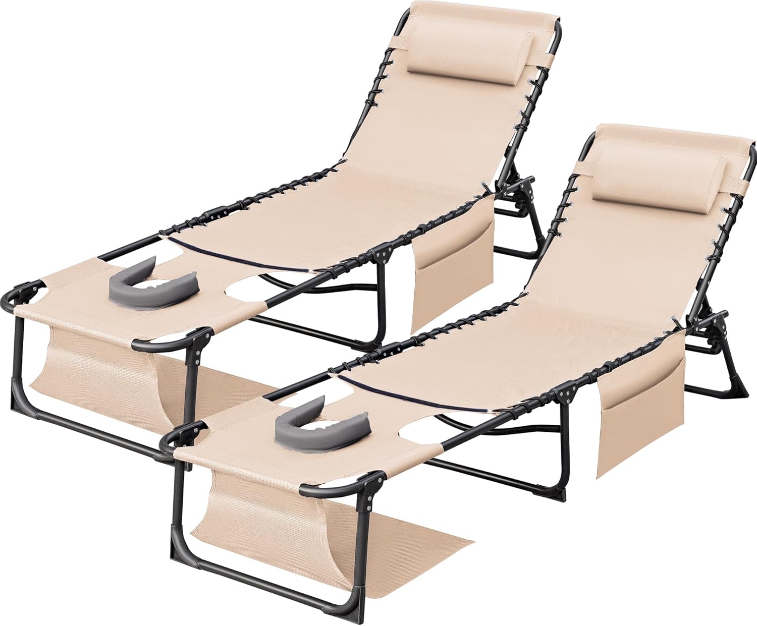 Devoko 2 Pack Beach Lounge Chair, Outdoor Sun Tanning Chair with Face Hole, Heavy Duty Folding Portable Lay Chaise Lounge Chairs for Outside Beach Pool Camping Patio, Beige