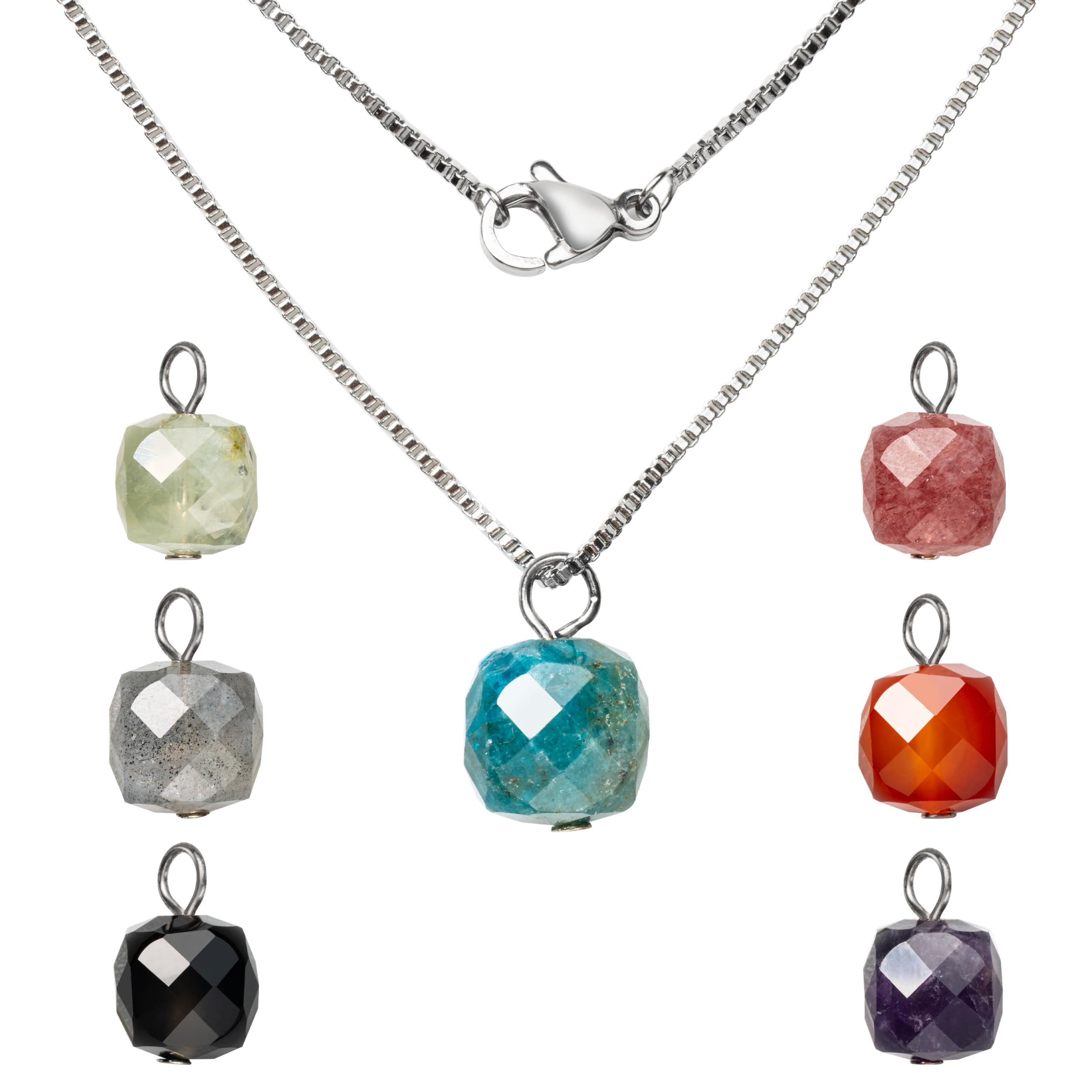 Juego de collar de cristal para mujer, collar con colgante intercambiable con cadena de acero inoxidable de 18 pulgadas, 7 colgantes cuadrados de cristal, obsidiana negra, labradorita, amatista