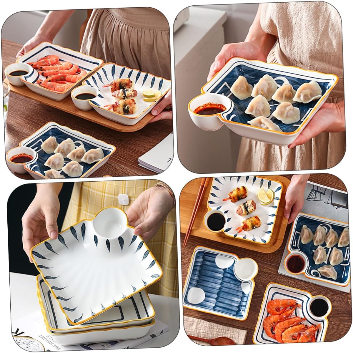 Ceramic Sushi Plates and Dumpling Tray Set 4pcs Square Multi-grid Serving Plates with Dipping Bowls for Japanese Cuisine and Snack Presentation Random Color