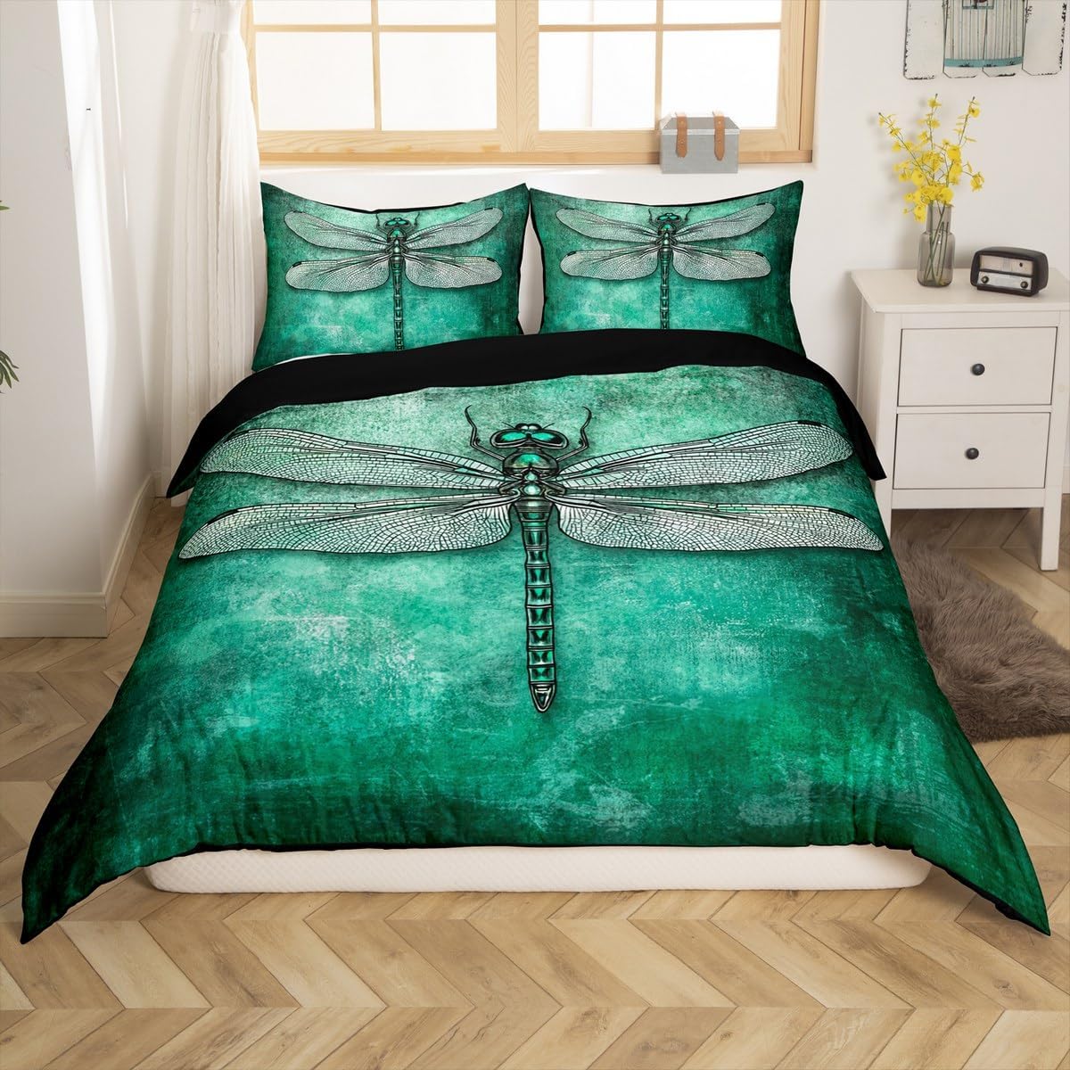 Castle Fairy Dragonfly Duvet Cover Queen Size 3 Pcs Watercolor Green Gray Tie Dye Decor Bedding Set for Kids Teens Adults Wild Natural Creature Rustic Style Comforter Cover with 2 Pillowcases