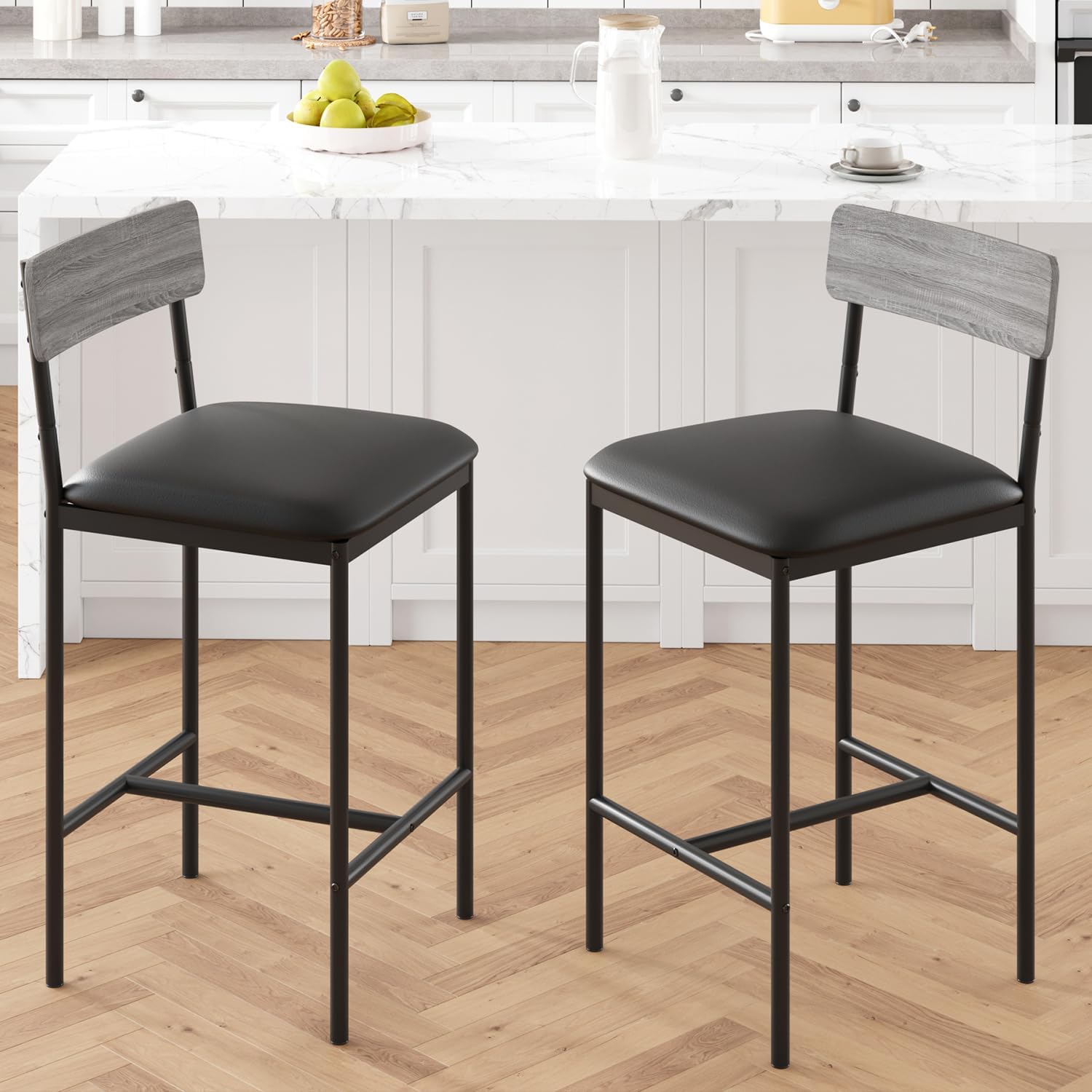 GAOMON Bar Stools Set of 2, Kitchen Bar Stools with Footrest, PU Upholstered Counter Height Barstools, Bar Chairs with Back for Kitchen Island, Apartment, Counter Bar, Easy Assembly, Rustic Gray 2 Upholstered Bar Height Chairs Rustic Gray