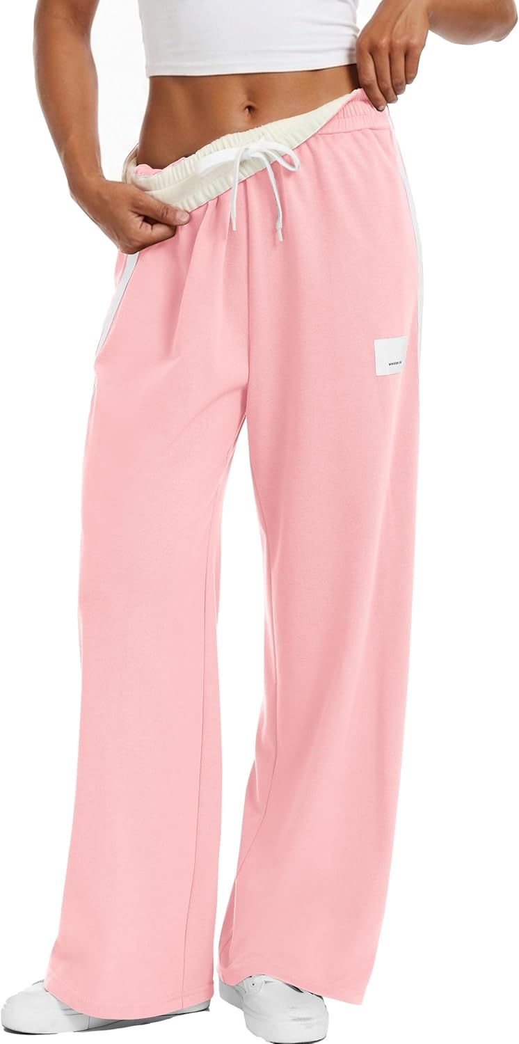 Womens Track Pants Athletic Running Pants Sweatpants Straight Leg Cotton Fold-Over Sports Jogging Striped Loose Fit