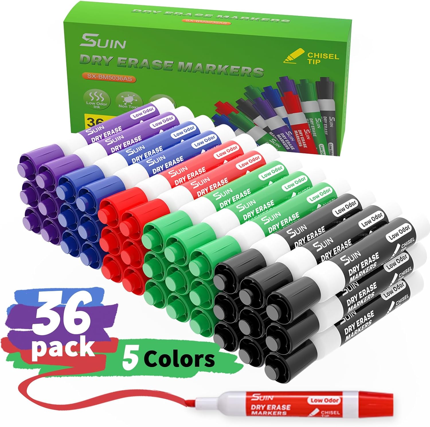SUIN Dry-Erase-Markers, Chisel Tip - Whiteboard Markers, Low Odor Dry Erase Markers, Chisel Tip Markers, Whiteboard Marker, White Borad Dry Erase Markers, Assorted 5 Colors, 36 Count