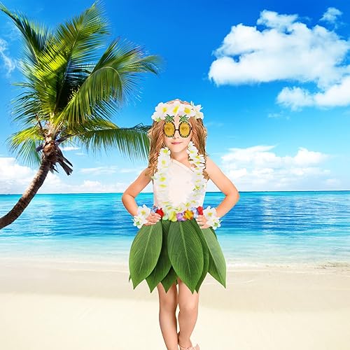 Miniatura 4 de Paquete de 7 accesorios de disfraz de falda hula de hoja de flores hawaianas para fiesta de Hawaii Luau