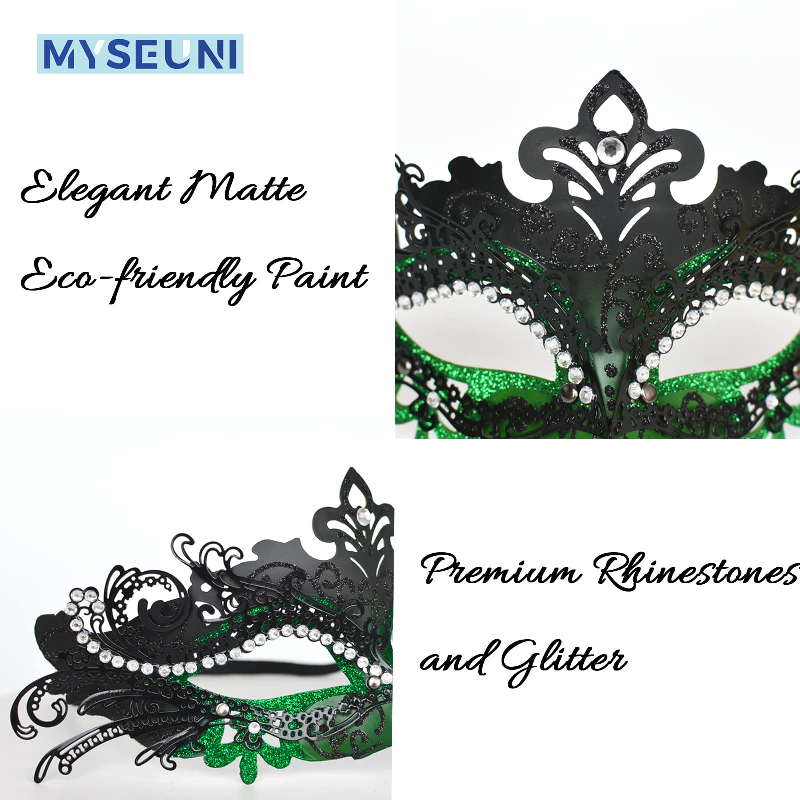 MYSEUNI Green Masquerade Mask for Couples, Shiny Rhinestone Women's Mask & Venetian Men's Mask for Halloween Mardi Gras - Image 2