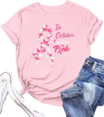 Breast Cancer Awareness Tshirt Women in October We Wear Pink Shirt Funny Pink Ribbon Graphic Breast Cancer Shirts