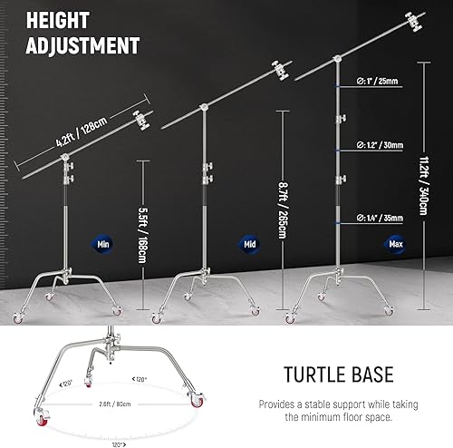 Miniatura 27 de NEEWER Soporte profesional en C resistente de acero inoxidable 100% con brazo de pluma, altura máxima de 10.5 pies, soporte de luz para fotografía