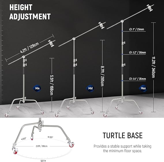 NEEWER Heavy Duty Light Stand, Metal 11.15ft/3.4m Adjustable Photography C Stand Tripod with Boom Arm Built in Spring Cushion 1/4 Screw for Studio LED Lights, DSLR Camera, Max Load: 22lb/10kg, Black