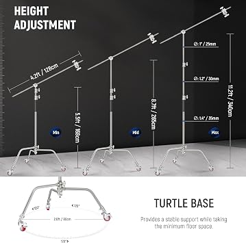 NEEWER Heavy Duty Light Stand, Metal 11.15ft/3.4m Adjustable Photography C Stand Tripod with Boom Arm Built in Spring Cushion 1/4 Screw for Studio LED Lights, DSLR Camera, Max Load: 22lb/10kg, Black