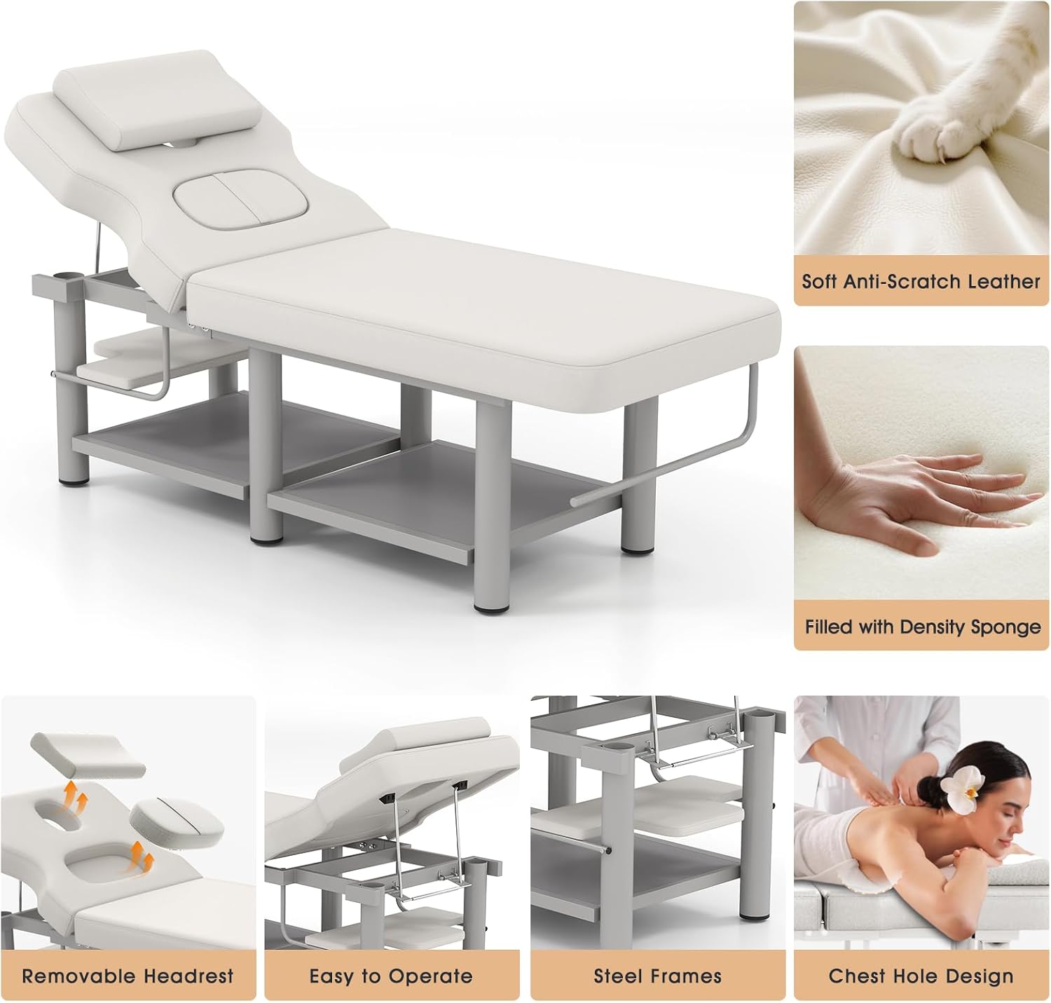 Artist hand Heavy Duty Professional Stationary Massage Table, Wide Spa Facial Bed with Backrest, Metal Frame PU Leather Massage Bed for Physical Therapy Treatment Tattoo Salon (Gray)
