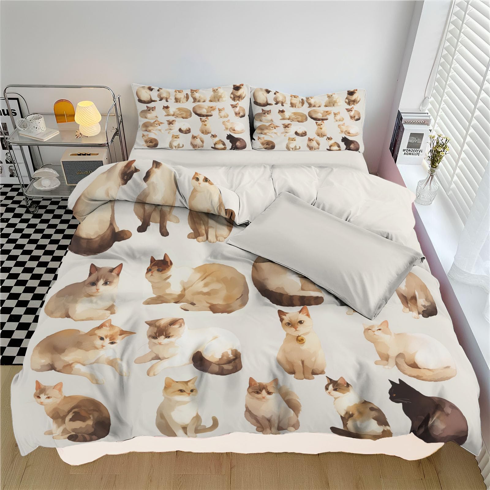 Housse de couette chat 240x260 anti-plis avec fermeture éclair pour parure de lit