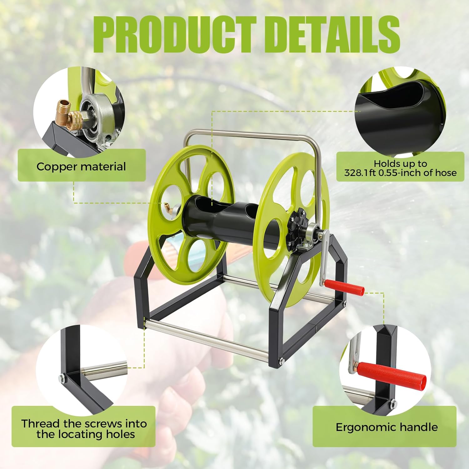 Garden Hose Reel, Heavy Duty Floor-mounted Water Hose Reel with Crank Handle, Hose Reels for Outside, Holds 328-Feet of 0.55-Inch Hose