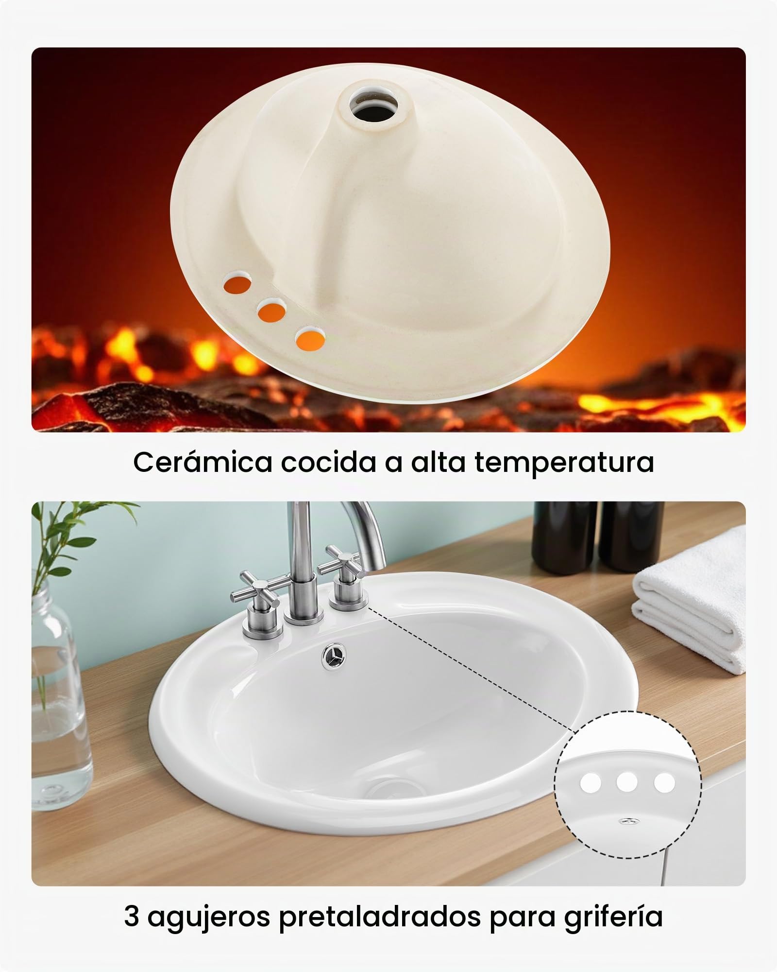 VEVOR Lavabo Semiencastrado de Encimera Ovalado, 485 x 425 x 190 mm, con Rebosadero y 3 Orificios para Grifo, Moderno Lavabo Empotrado para Cocina y Baño, con Protección Antiamarilleo, Blanco