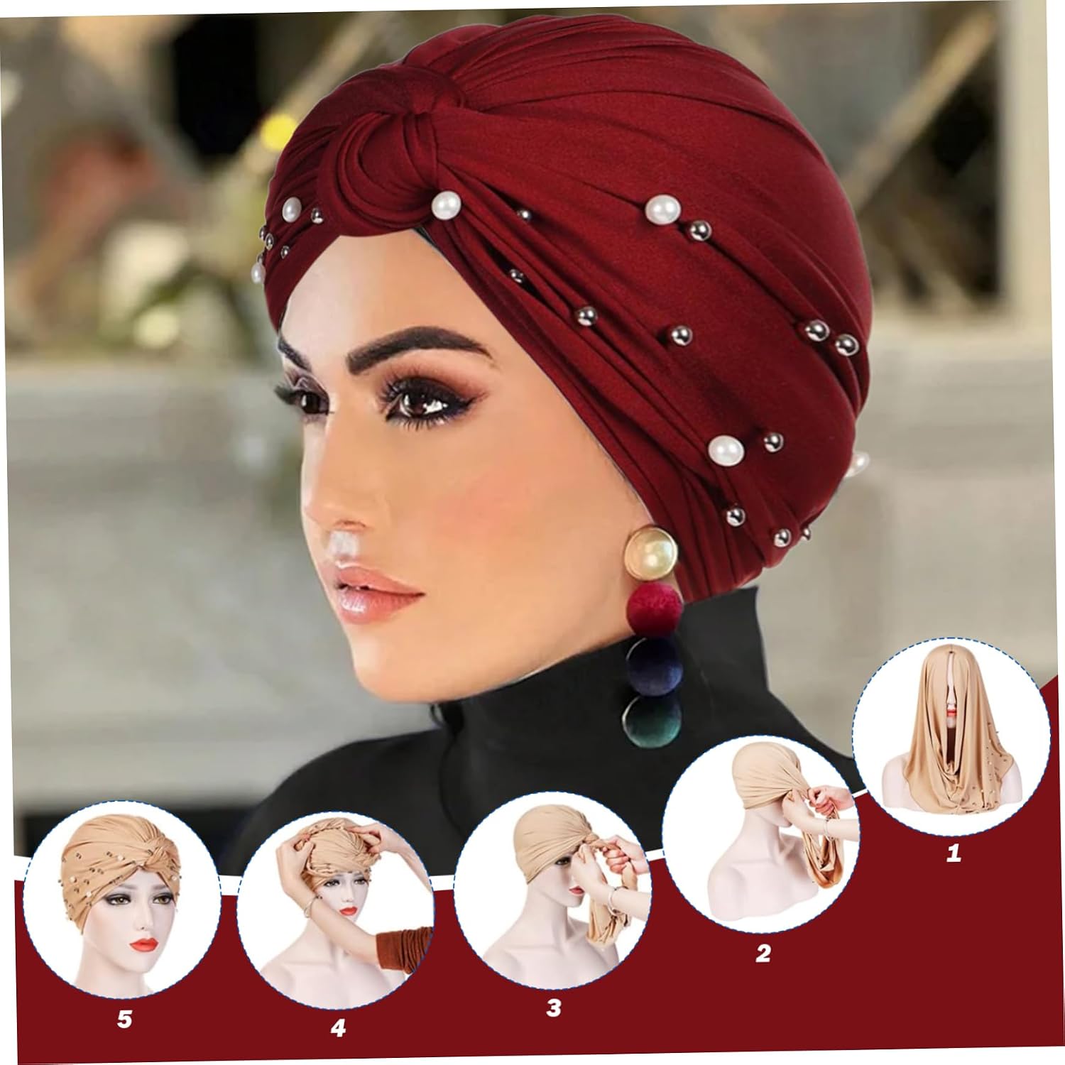 Hair Wrap 3Pcs Head Wraps for Women, Long Stretch Hair Scarf with Pearls, Tied Knot Turban Head Wraps Breathable Lightweight Turban for Women Hijab Bonnet Hat