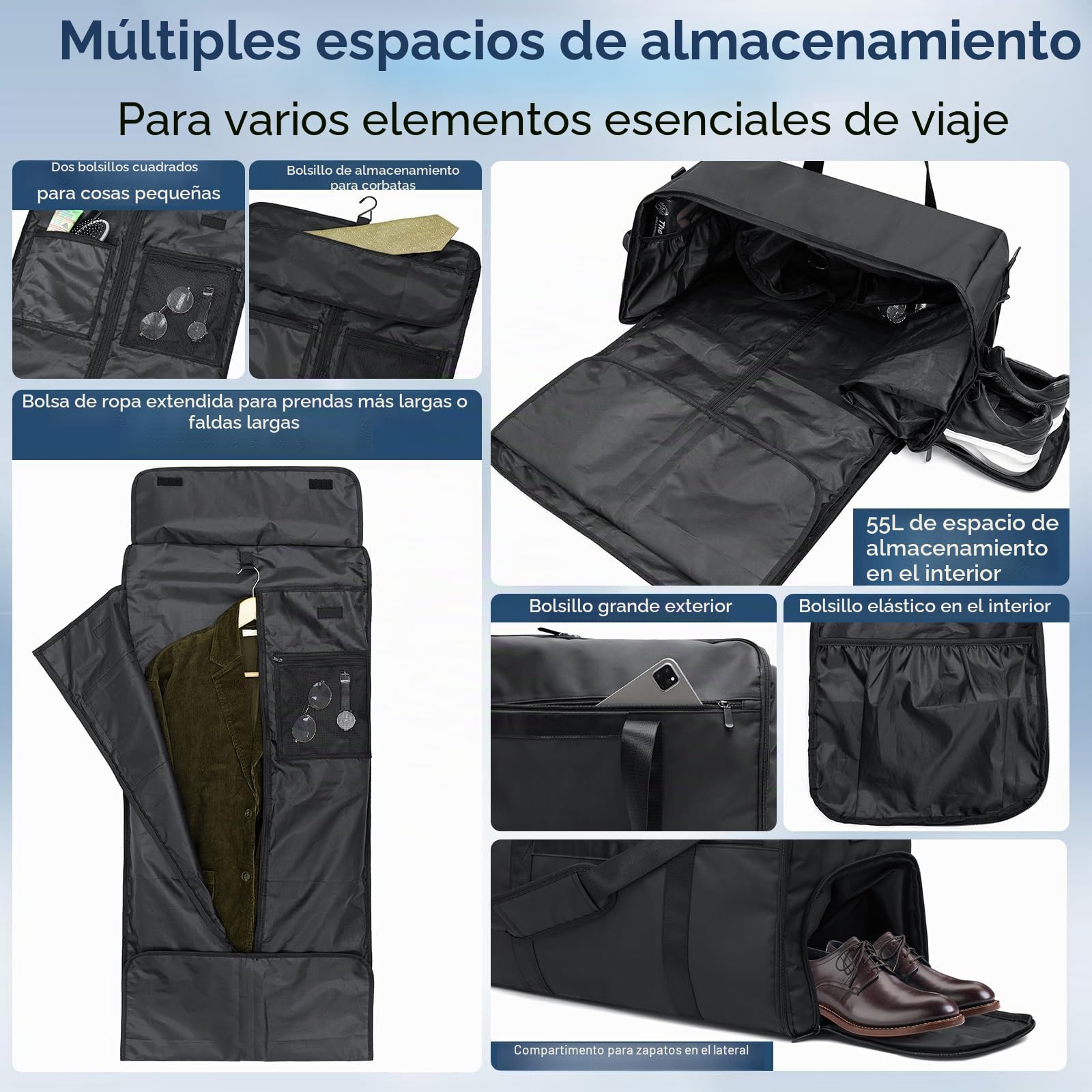 GARPROVM Bolsa de Viaje Convertible 4 en 1, con Compartimento Separado para Traje y Zapatos, Impermeable. Equipaje de Mano, Mochila o Bolsa de Fin de Semana para Hombres y Mujeres (Negro)