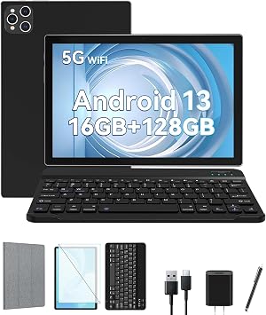 ANTEMPER 128GB Android Tablet, 10 Inch IPS Display, 6GB RAM 8+8vitual, Octa-Core CPU, Android 13, 5G WiFi, Keyboard, 13MP+8MP Dual Cameras, GPS, Stylus Without Electricity, Black