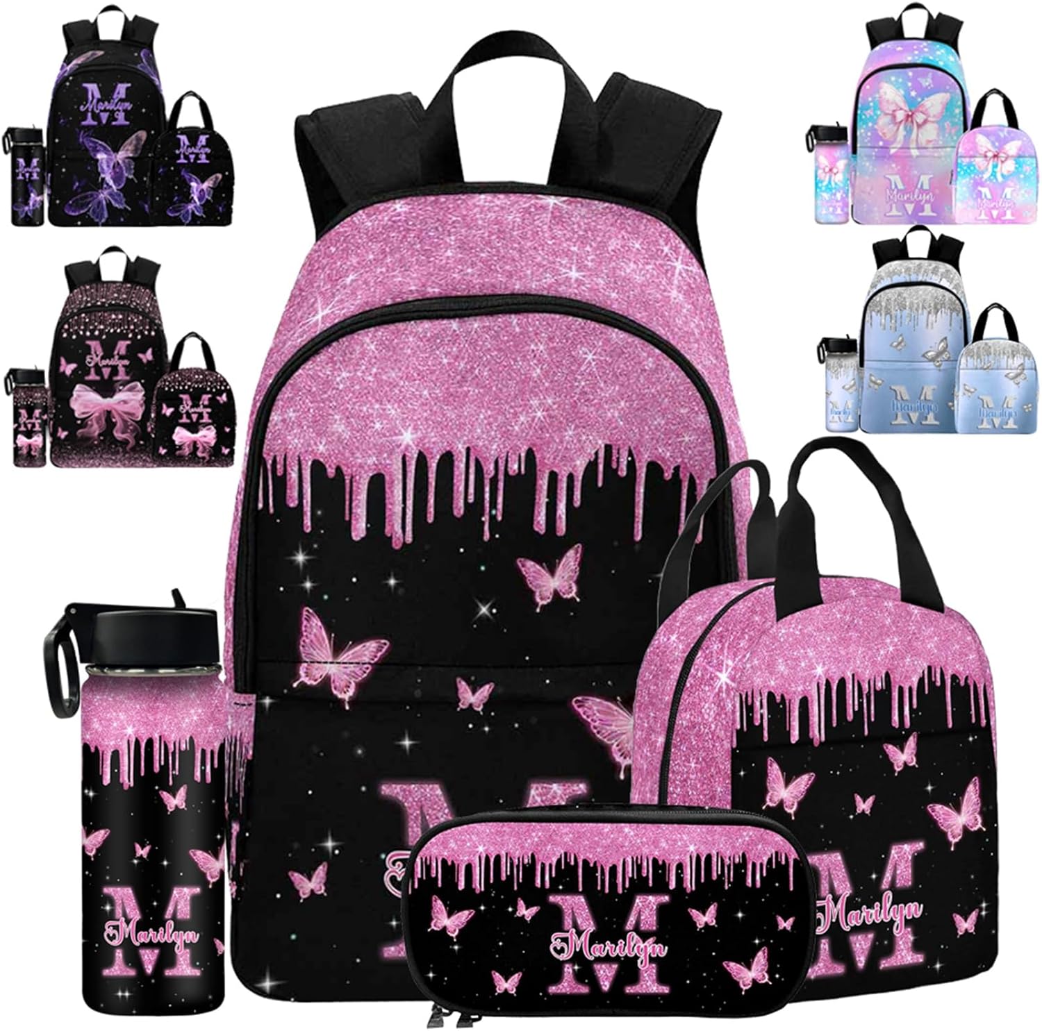Custom School Backpack for Girls, Personalized Purple Glitter with Butterfly Casual Backpack Schoolbag Customized Girls Lunch Box Bag or Bookbag for Unisex Students Back School Multipurpose Travel Bag