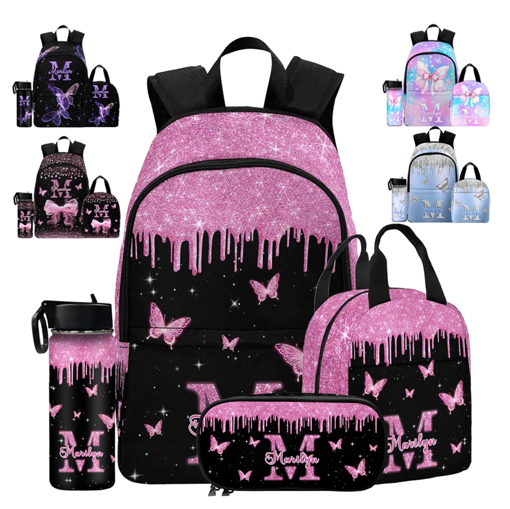 Custom School Backpack for Girls, Personalized Purple Glitter with Butterfly Casual Backpack Schoolbag Customized Girls Lunch Box Bag or Bookbag for