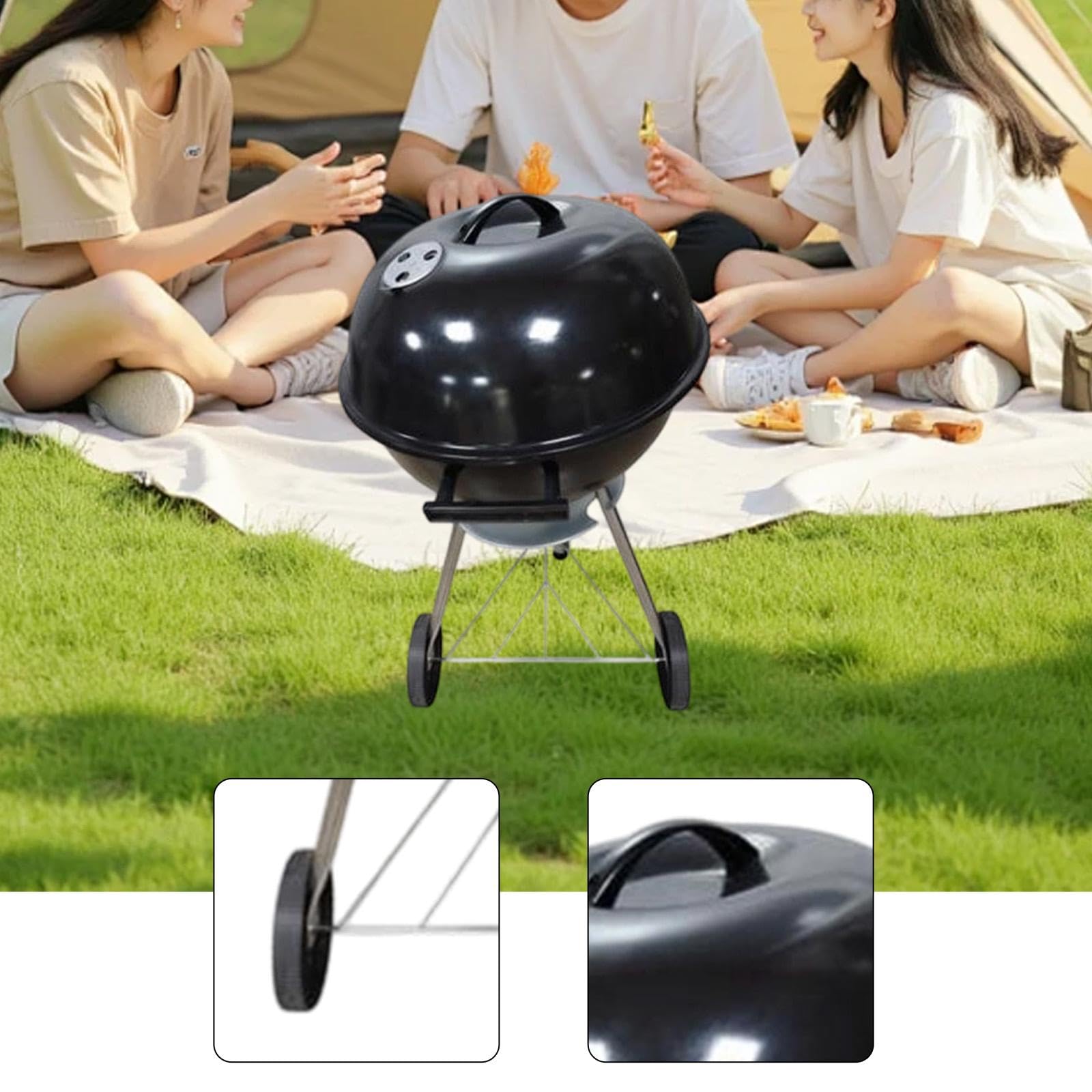 Barbecue a Carbone Rotondo con Ruote E Coperchio per Cucinare All'aperto, Nero