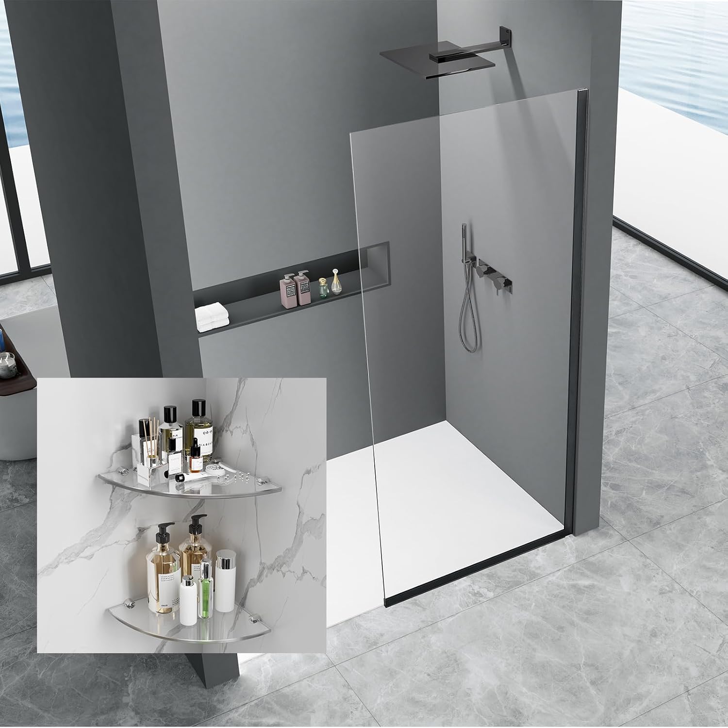 Shower Glass Panel 36"W * 76"H, Semi-Framed Glass Screen, Single Panel, 3/8" (10mm) Tempered Glasss & 2-Pack Glass Corner Shower Shelves