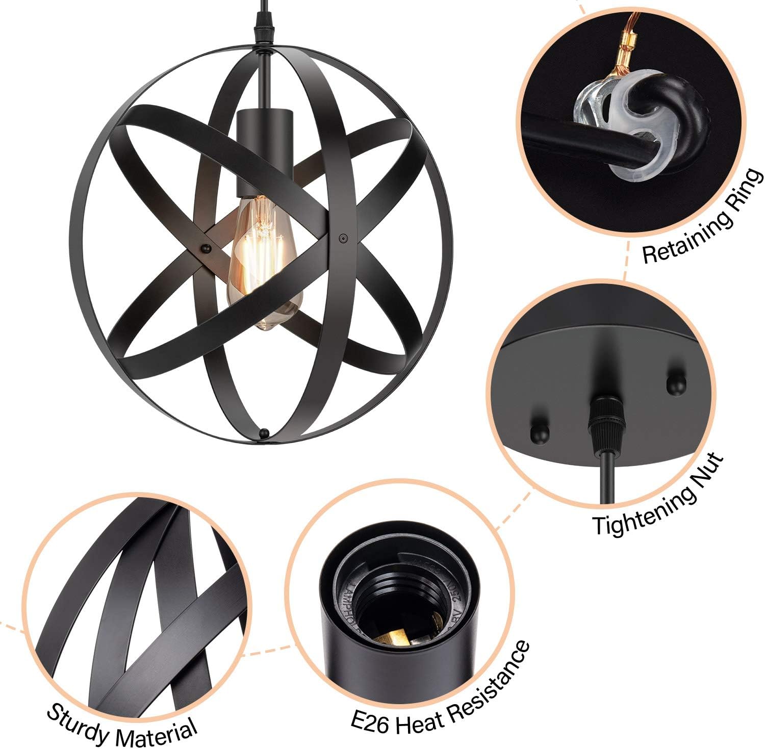 Industrial Metal Pendant Light, 11.8'' Farmhouse Hanging Light Fixtures, Adjustable Chandelier Ceiling Lamp, Spherical Pendant Lighting for Kitchen Island Dining Room, LED Bulb Included, Matte Black - - 
