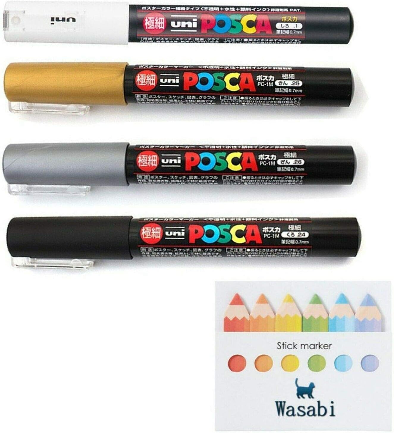 uni Posca Paint Marker Extra Fine (0.7mm) SPECIAL SET!! - WHITE/GOLD/SILVER/BLACK, Wasabi Sticky note