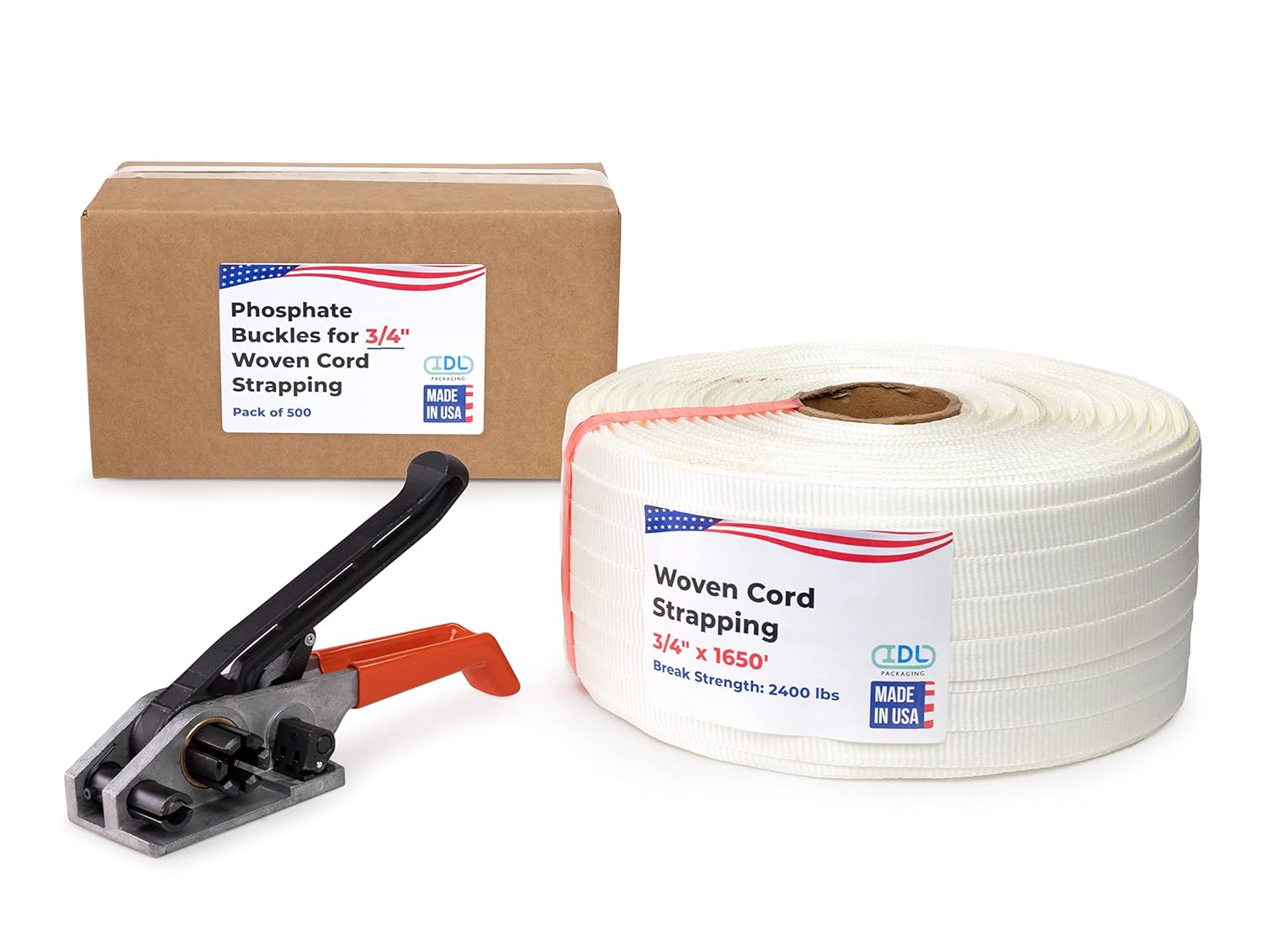 IDL Packaging USA Made 3/4" x 1650' Woven Cord Strapping Kit, 2400 lbs Break Strength - Well-Designed & Reliable Tool - Enough Strapping and Seals for 500 Uses Before Refill